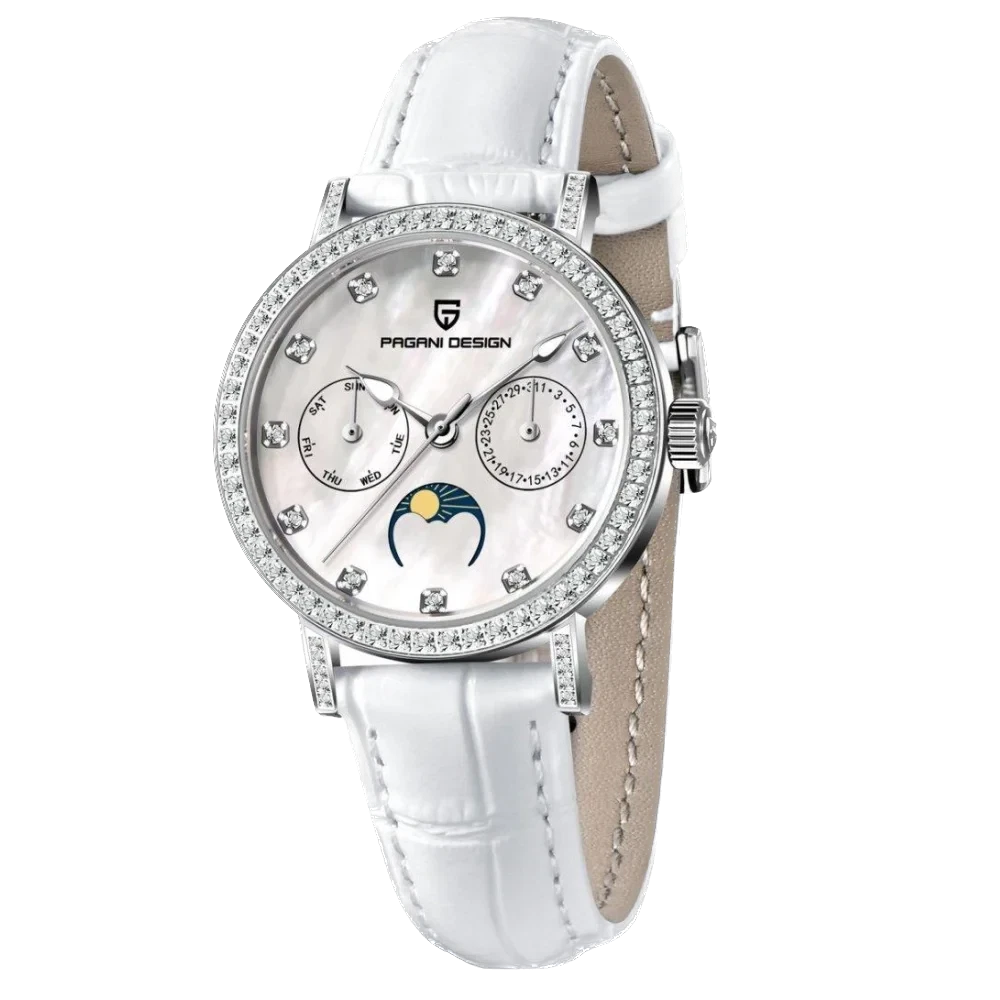 Pagani Design PD-1789 women’s quartz watch white dial silver case white leather strap moonphase front view