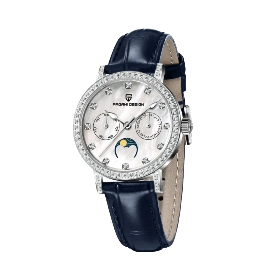 PAGANI DESIGN PD-1789 women's moon phase watch with mother-of-pearl dial and navy blue leather strap