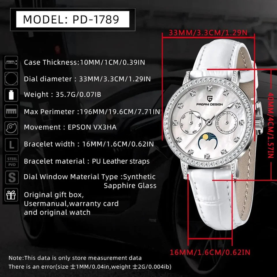 Specifications infographic for Pagani Design PD-1789 women's quartz watch showing case thickness dial diameter weight movement and strap details