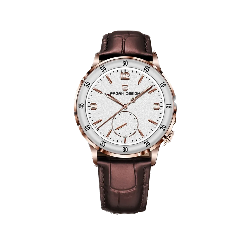PAGANI DESIGN PD-1790 automatic watch with white dial rose gold case and brown leather strap front
