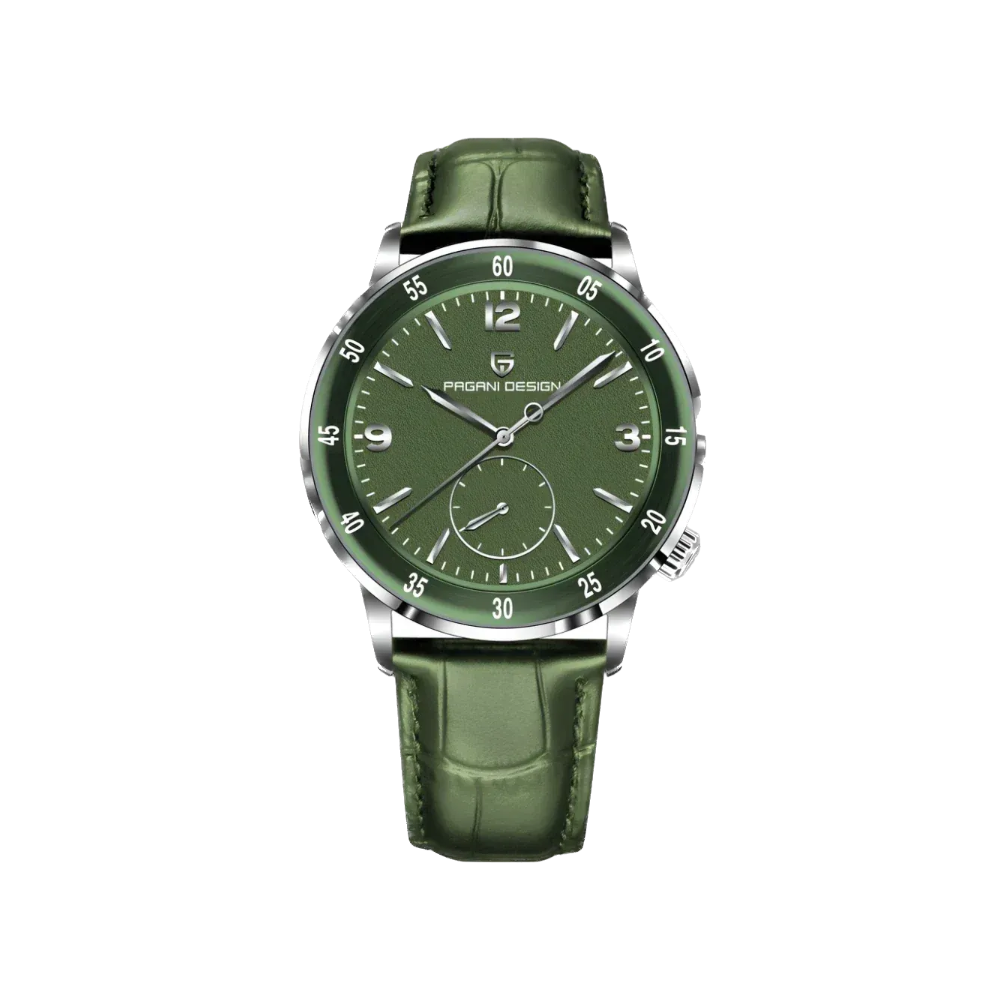 PAGANI DESIGN PD-1790 automatic watch with green dial and green leather strap silver case front