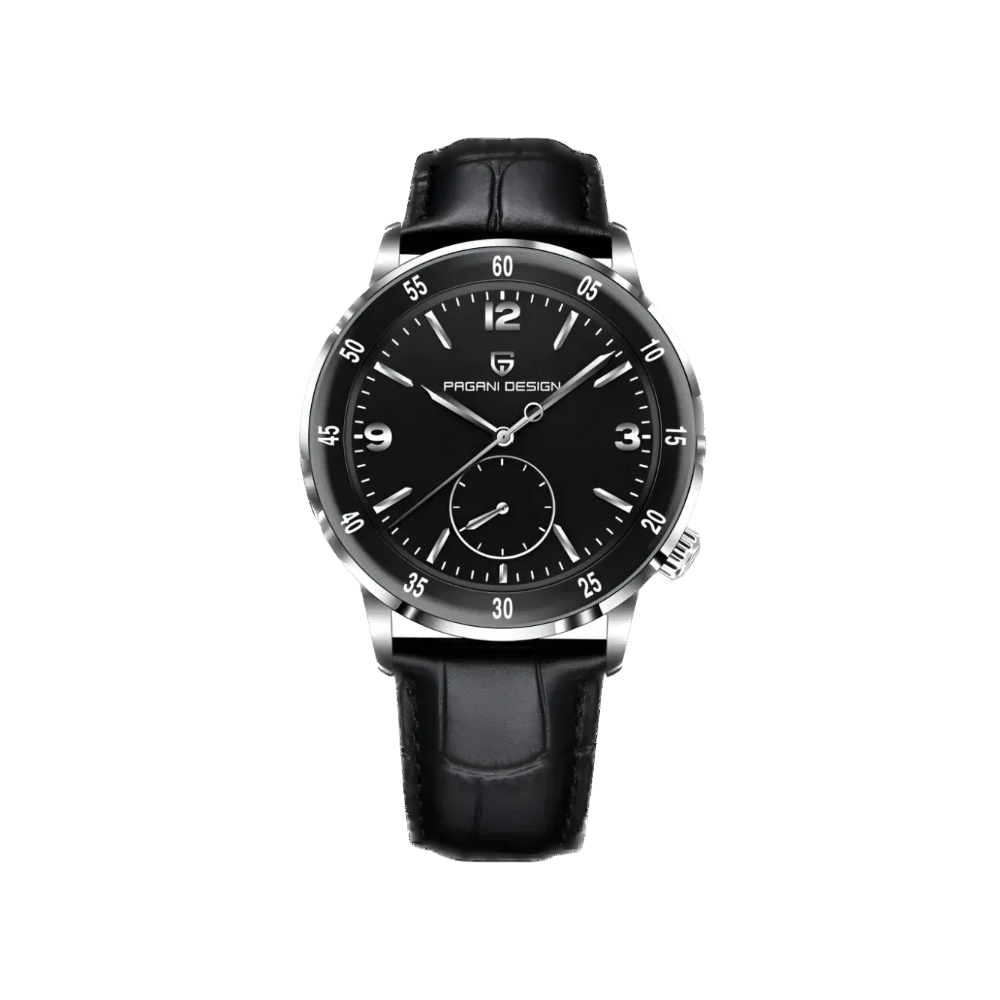 PAGANI DESIGN PD-1790 automatic dress watch with black dial, silver case and black leather strap