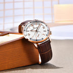 PAGANI DESIGN PD-1790 automatic dress watch with white dial and rose gold case, lifestyle on wooden box