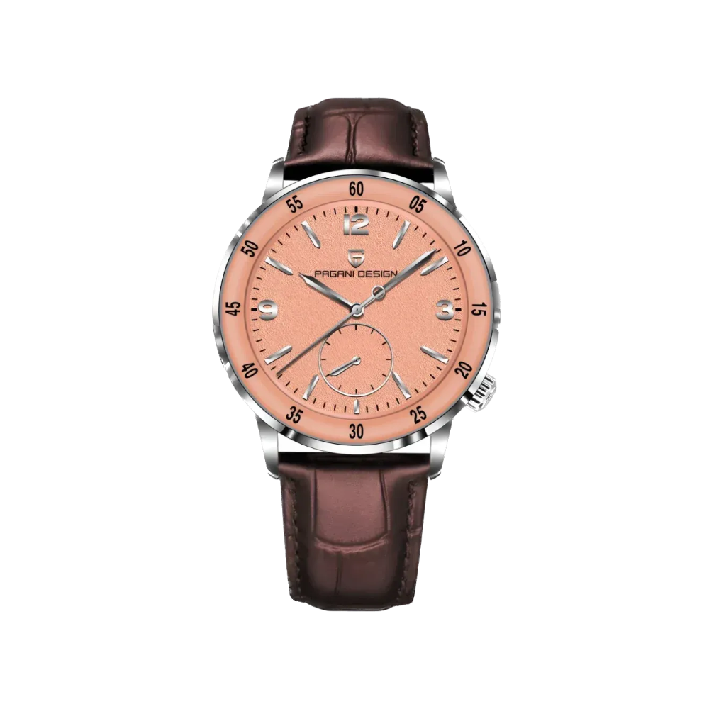 PAGANI DESIGN PD-1790 automatic dress watch with salmon pink dial, silver case and brown leather strap