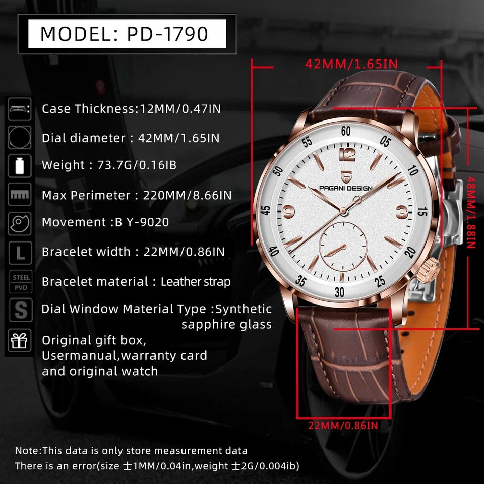 PAGANI DESIGN PD-1790 automatic dress watch dimensions: 42mm case, 12mm thickness, BY-9020 movement, sapphire glass
