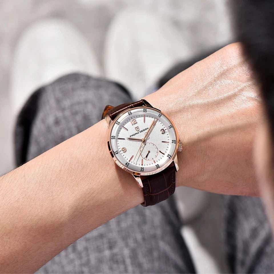PAGANI DESIGN PD-1790 automatic dress watch with white dial and rose gold case worn on wrist