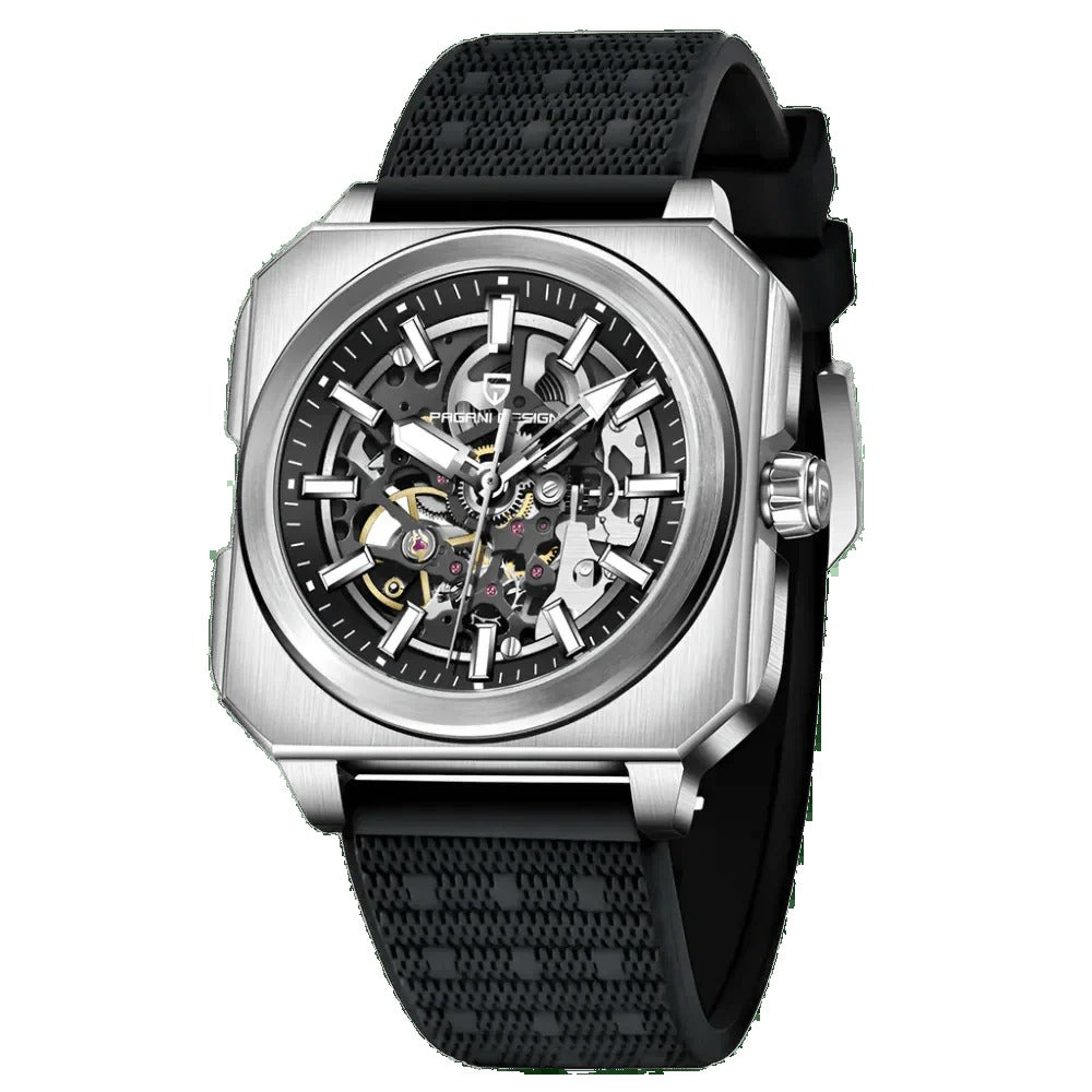 Pagani Design PD-1791 black skeleton dial on a textured black rubber strap, brushed steel case
