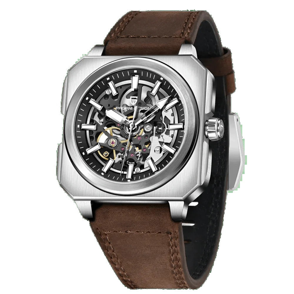 Pagani Design PD-1791 black skeleton dial paired with a brown leather strap and steel octagonal case