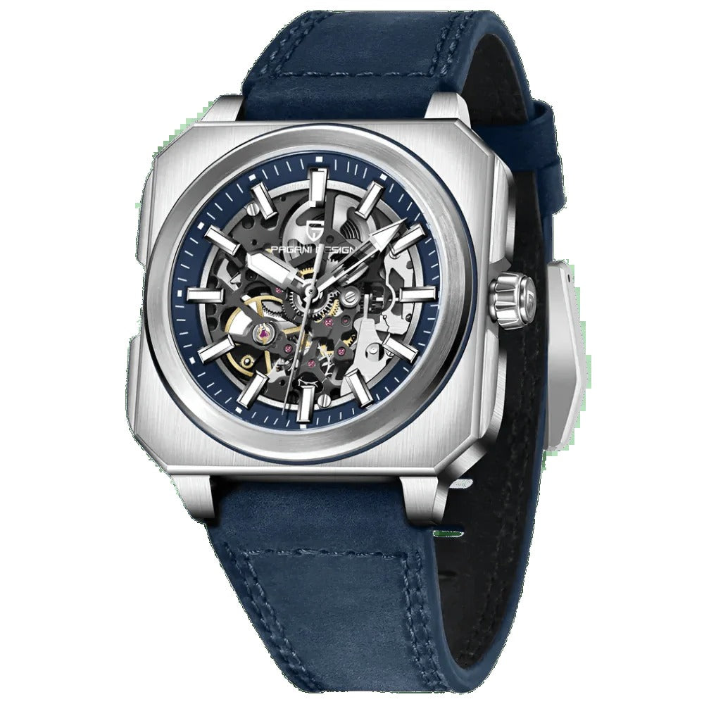 Pagani Design PD-1791 blue skeleton dial with blue leather strap and brushed steel octagonal case