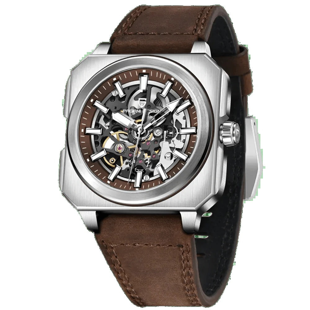 Pagani Design PD-1791 brown skeleton dial and brown leather strap, brushed steel octagonal case