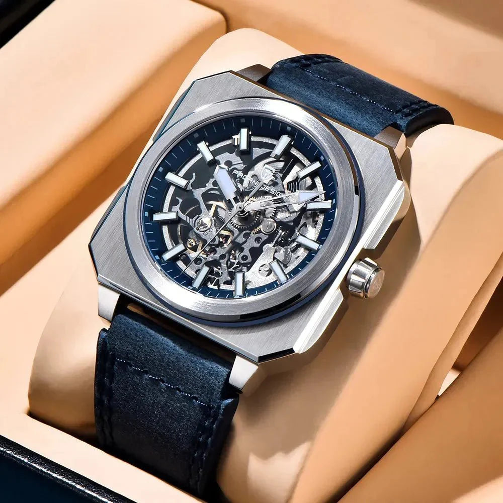 Pagani Design PD-1791 blue skeleton dial and blue leather strap resting in a tan watch case