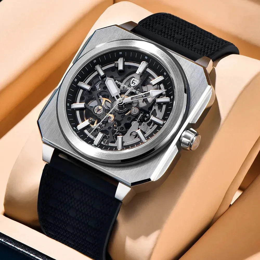Pagani Design PD-1791 in a tan watch box, black rubber strap and skeleton dial at a three-quarter angle
