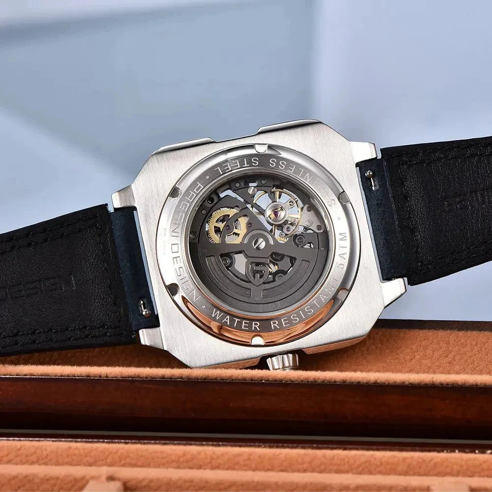 Pagani Design PD-1791 exhibition caseback revealing the automatic movement, 5ATM water resistant
