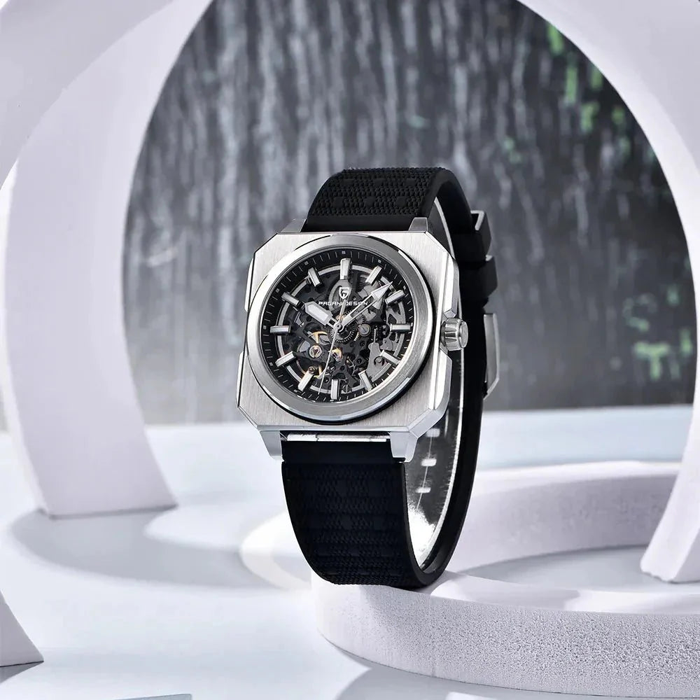 Pagani Design PD-1791 steel case and black rubber strap displayed on a white studio plinth
