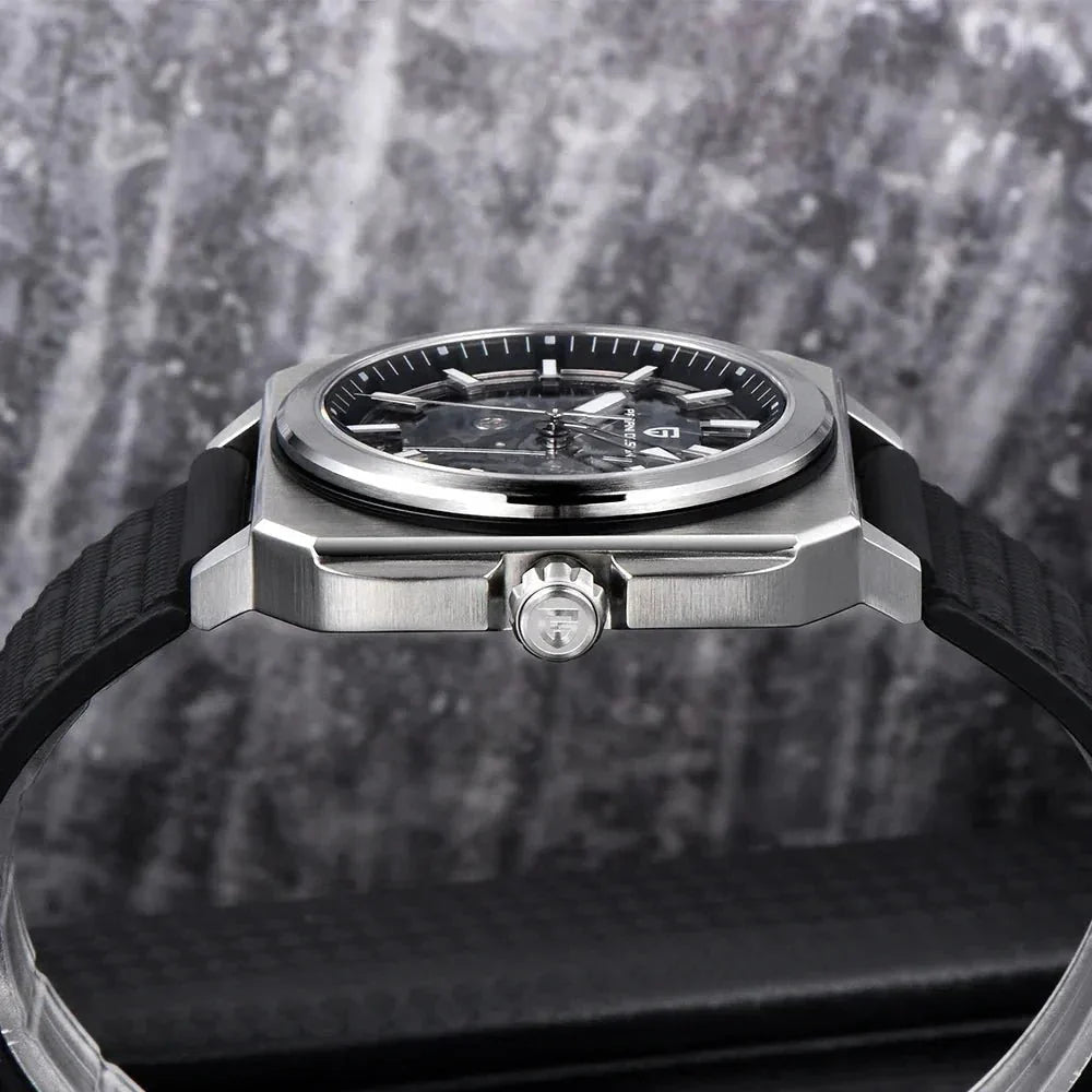 Pagani Design PD-1791 side profile showing the steel case flank, integrated lugs and signed crown