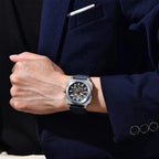 Pagani Design PD-1791 blue dial worn with a navy suit, dress styling on the wrist
