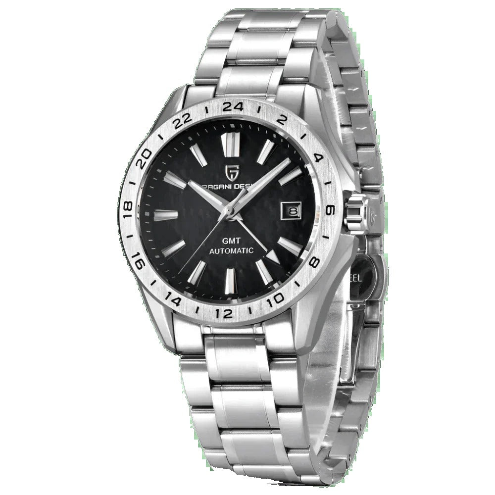 Pagani Design PD-1792 black textured GMT dial, steel 24-hour bezel and bracelet, date at 3