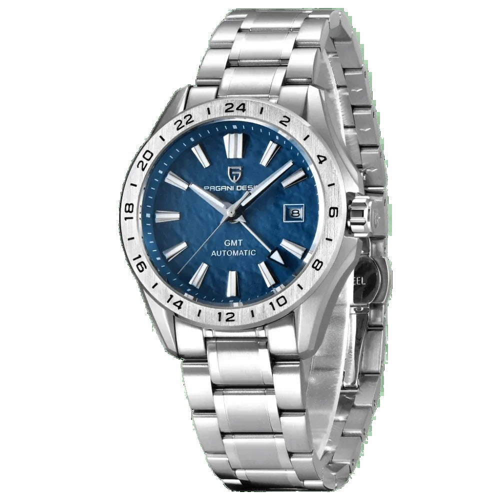 Pagani Design PD-1792 blue textured GMT dial with steel 24-hour bezel and steel bracelet