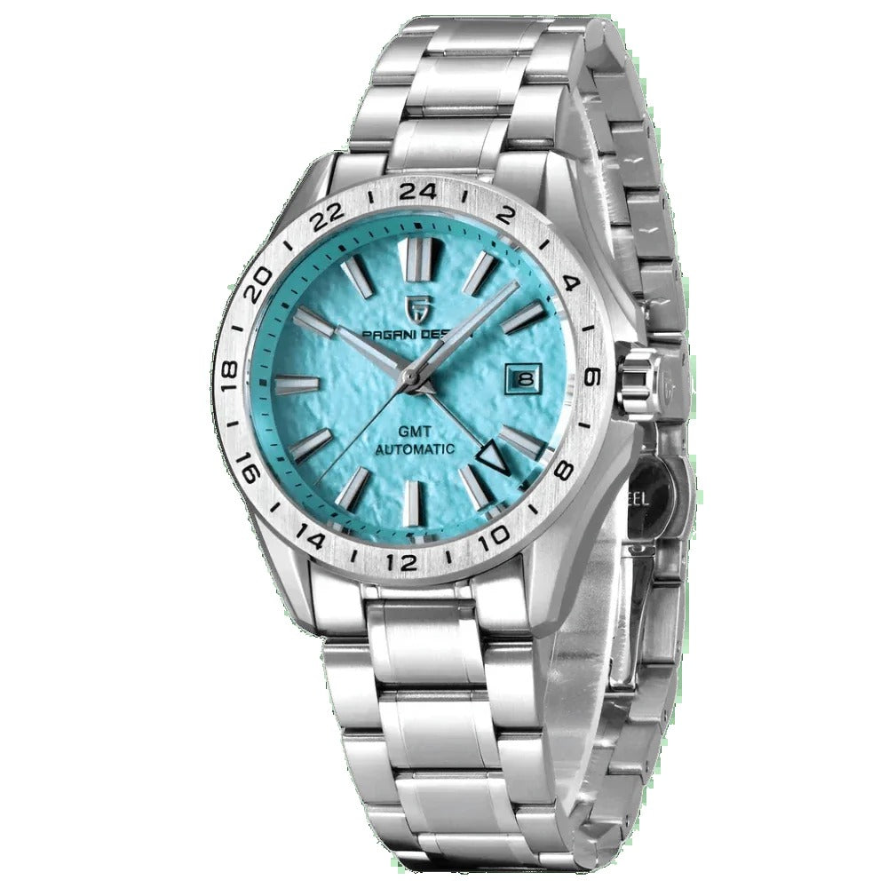 Pagani Design PD-1792 sky blue textured GMT dial on stainless steel bracelet, 24-hour bezel