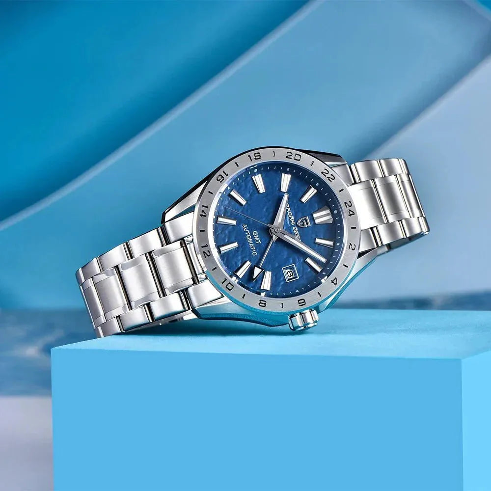 Pagani Design PD-1792 blue GMT dial angled against a light blue studio backdrop