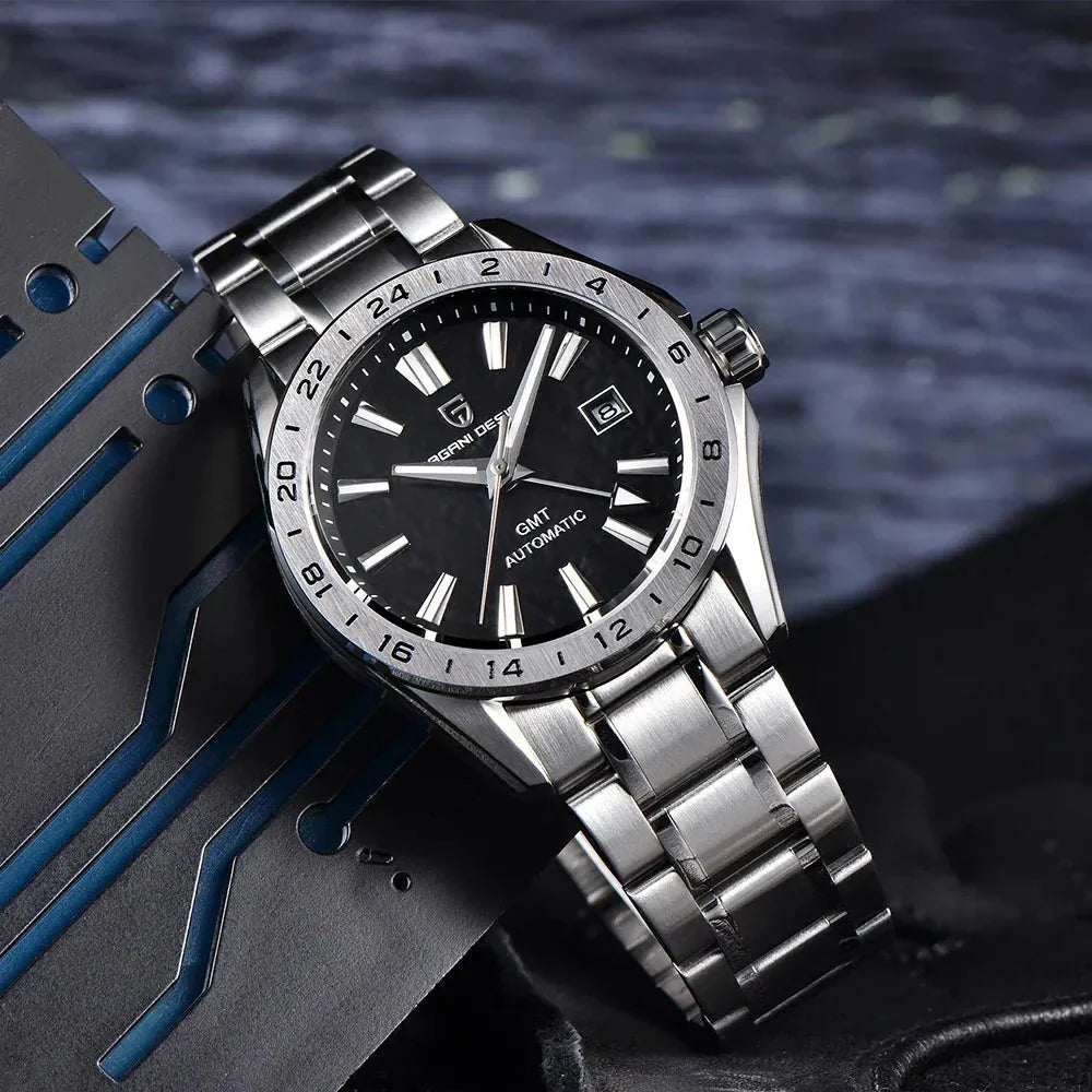 Pagani Design PD-1792 black GMT dial watch angled on a dark tech surface