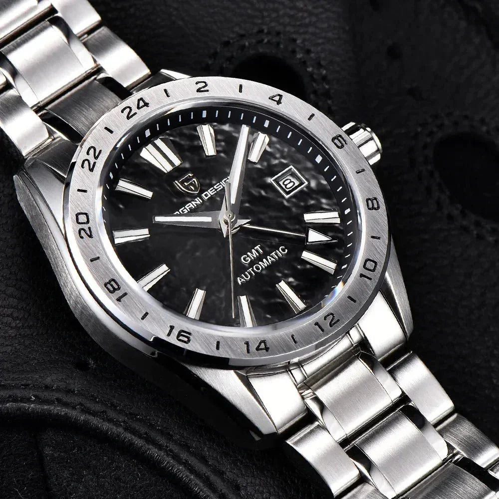 Pagani Design PD-1792 macro of the black GMT dial showing 24-hour bezel numerals and date