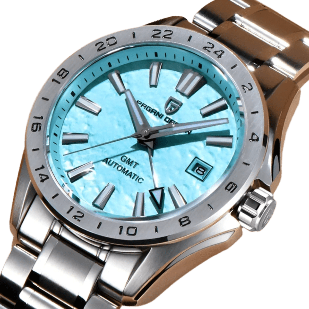 Pagani Design PD-1792 close-up of the sky blue GMT dial texture, applied markers and crown