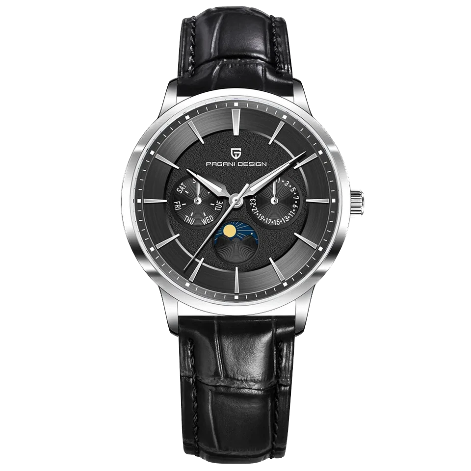 Front view of Pagani Design PD 1795 men's quartz watch with black dial, black leather strap, silver case, and moonphase display, isolated on a transparent background.