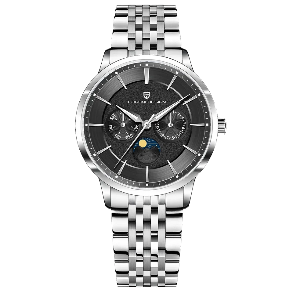 Front view of Pagani Design PD 1795 men's quartz watch with black dial, moonphase display, and stainless steel bracelet and case, isolated on a transparent background.