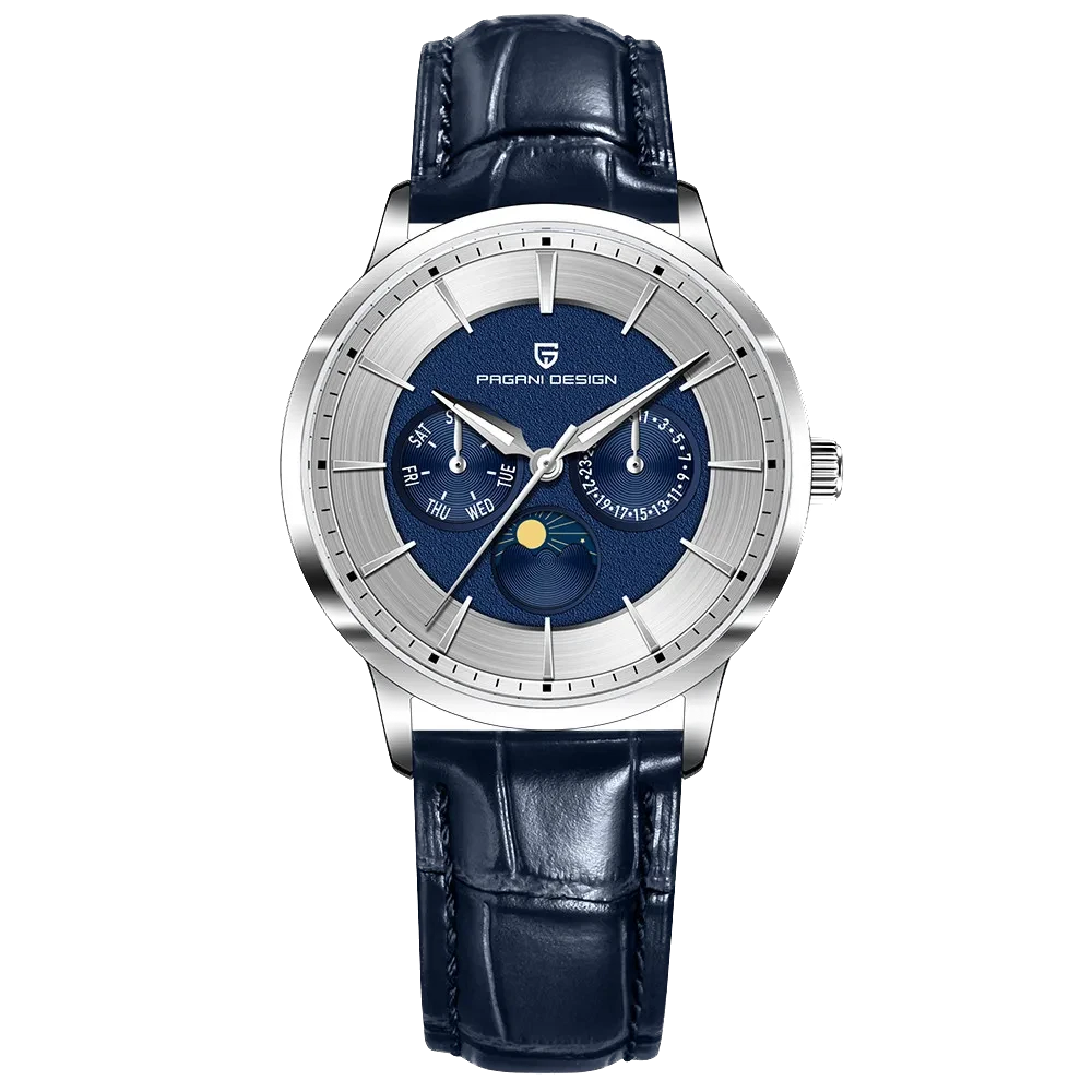 Front view of Pagani Design PD 1795 men's quartz watch with blue dial, moonphase display, and blue leather strap, featuring a silver-tone case, on a transparent background.