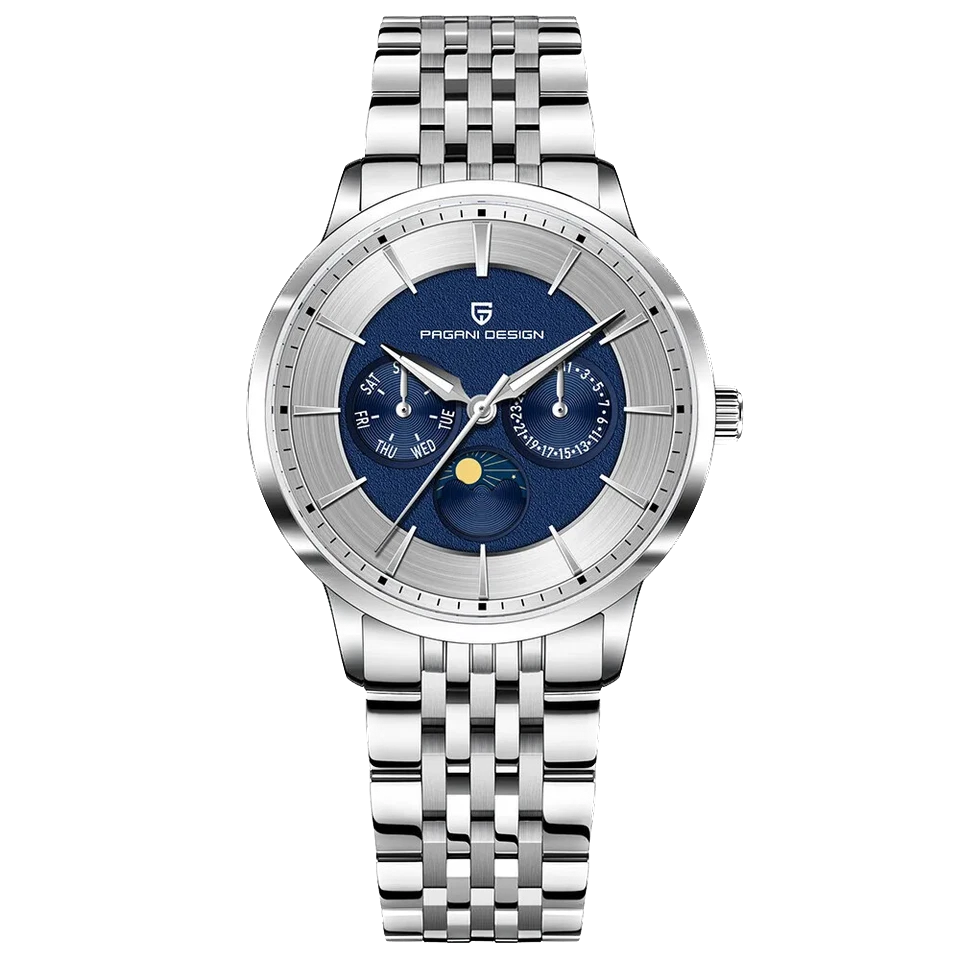Front view of Pagani Design PD 1795 men's quartz watch with blue dial, stainless steel bracelet, silver case, and moonphase display, isolated on a transparent background.