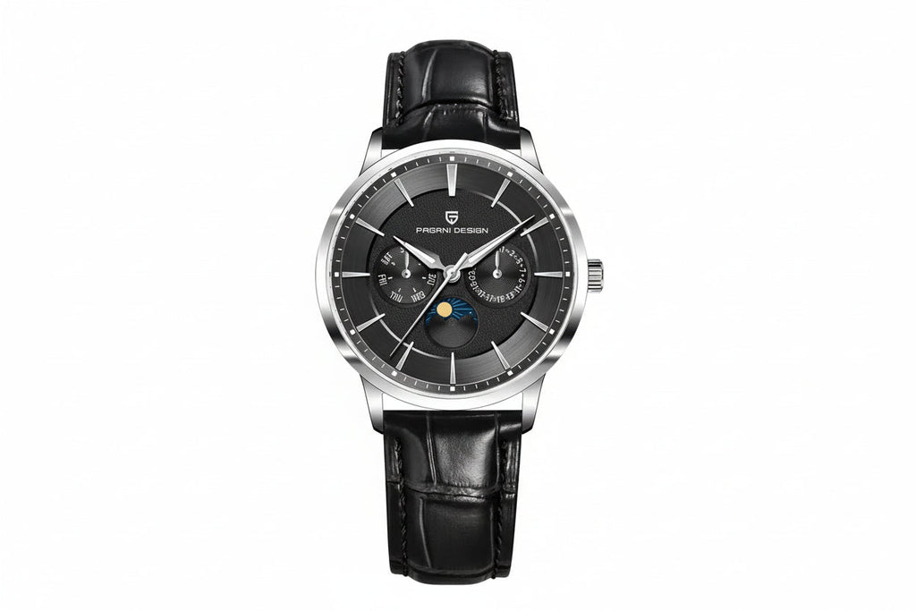 PAGANI DESIGN PD-1795 moonphase watch with black dial and black leather strap, front view