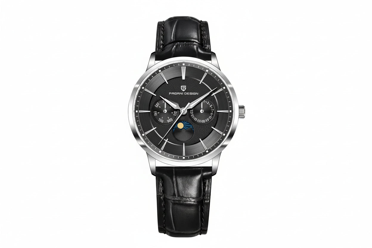 PAGANI DESIGN PD-1795 moonphase watch with black dial and black leather strap, front view