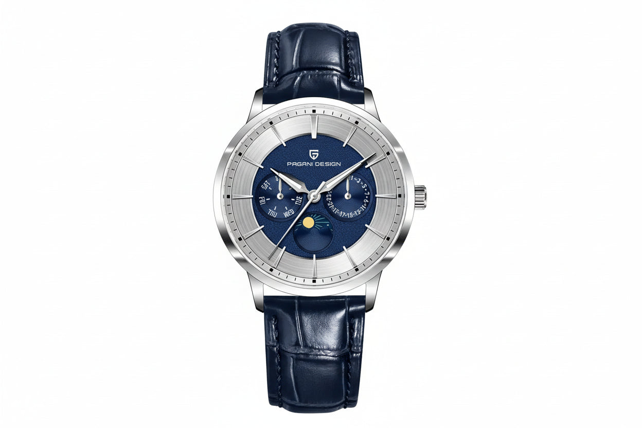 PAGANI DESIGN PD-1795 moonphase watch with blue dial and blue leather strap, front view