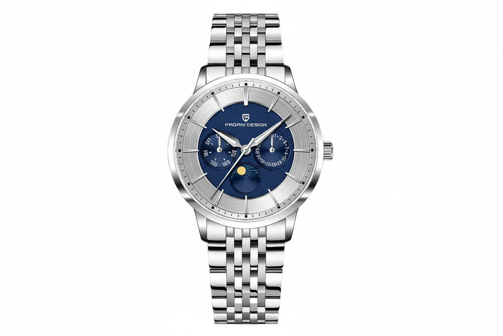 PAGANI DESIGN PD-1795 moonphase watch with navy dial and silver bracelet, front view