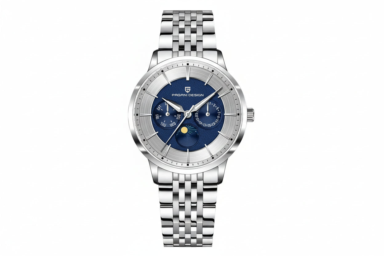 PAGANI DESIGN PD-1795 moonphase watch with navy dial and silver bracelet, front view