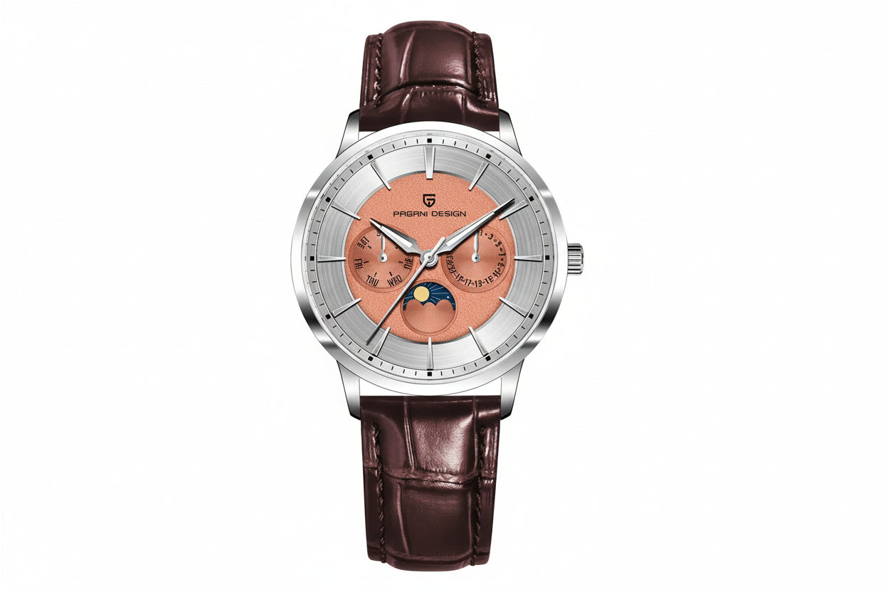 PAGANI DESIGN PD-1795 moonphase watch with orange dial and brown leather strap, front view