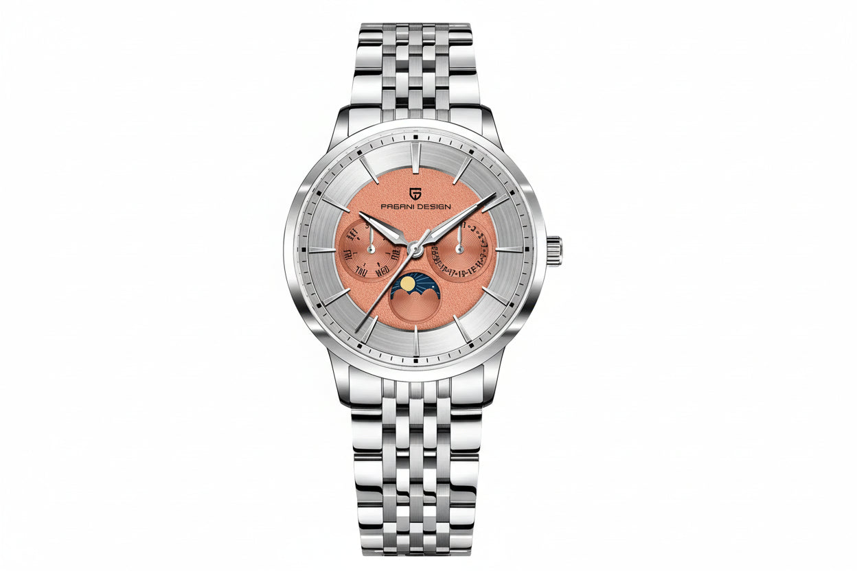 PAGANI DESIGN PD-1795 moonphase watch with salmon dial, silver case and steel bracelet
