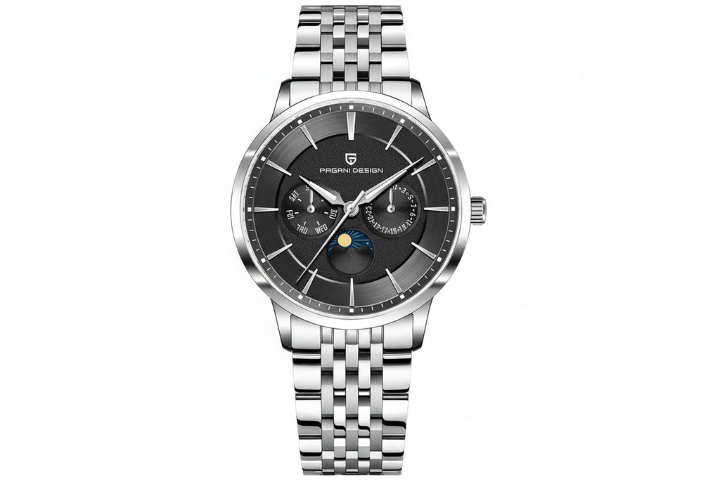 PAGANI DESIGN PD-1795 moonphase watch with black dial and silver bracelet, front view