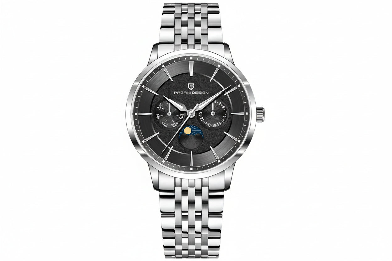 PAGANI DESIGN PD-1795 moonphase watch with black dial and silver bracelet, front view