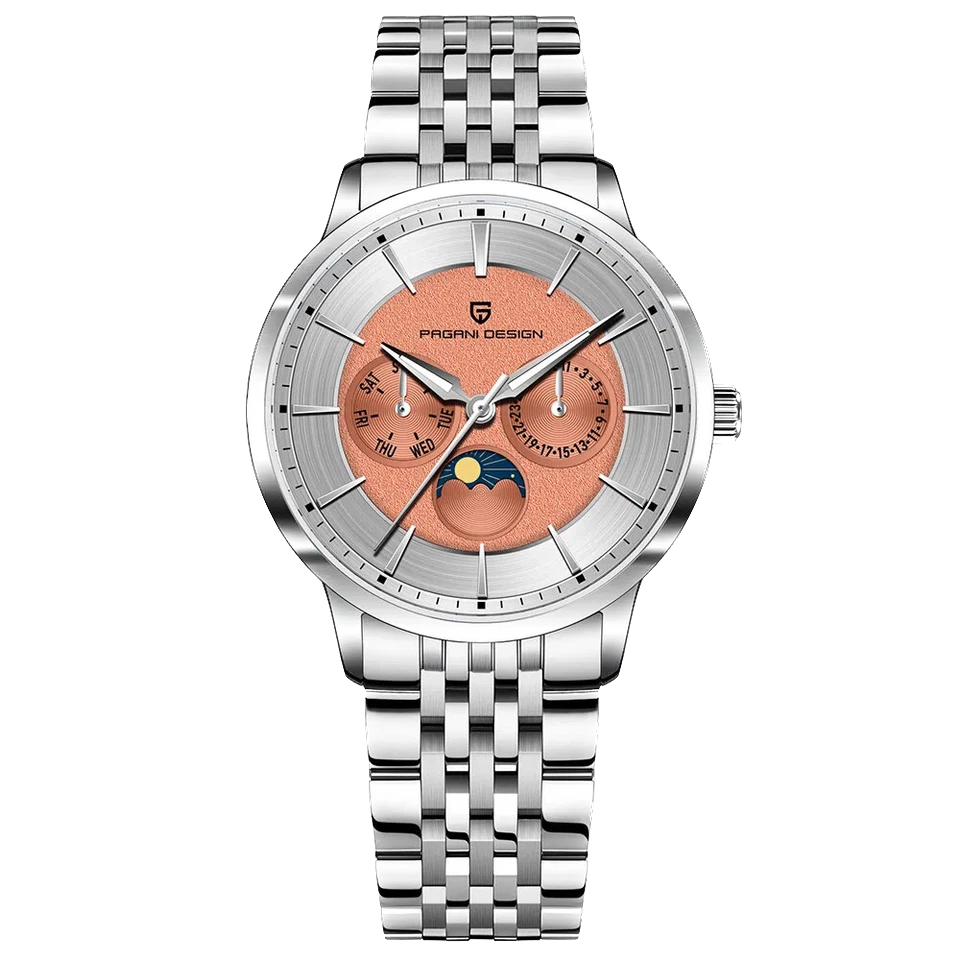 Front view of Pagani Design PD 1795 men's quartz watch with salmon dial, moonphase complication, and stainless steel bracelet and case on a transparent background.