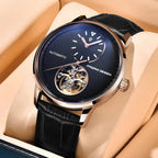 Pagani Design PD-1796 rose gold case with blue dial and black leather strap on display cushion