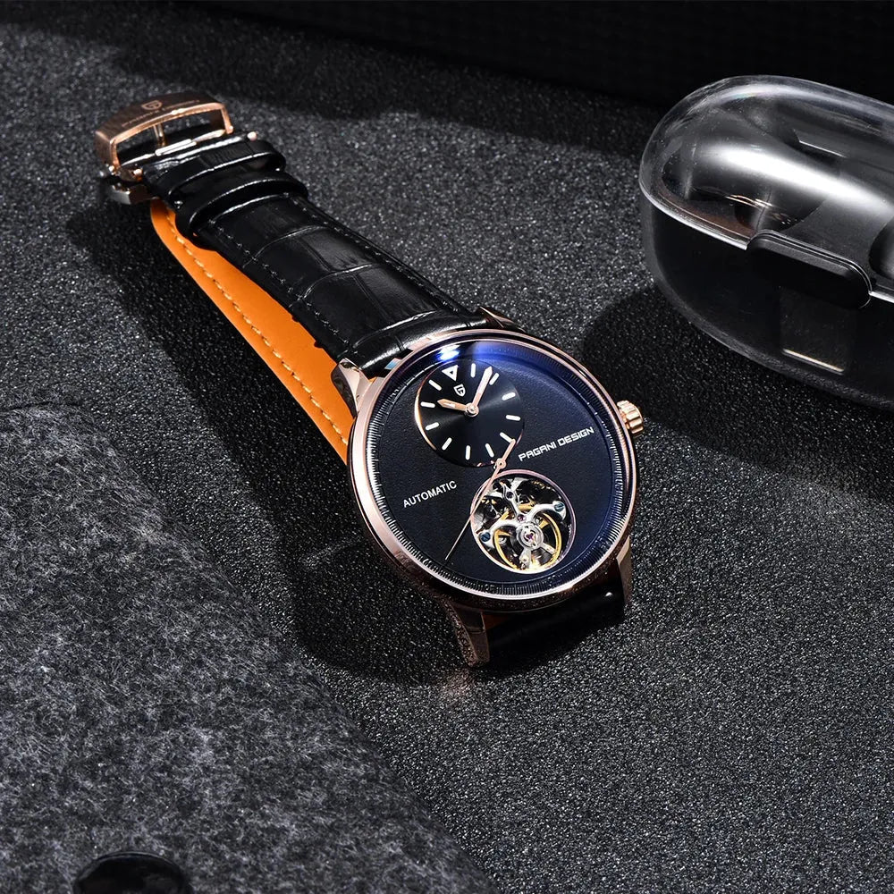 Pagani Design PD-1796 rose gold model laid flat, strap and open-heart tourbillon aperture