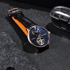 Pagani Design PD-1796 rose gold model laid flat, strap and open-heart tourbillon aperture