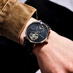 Pagani Design PD-1796 rose gold black dial worn on wrist with corduroy sleeve