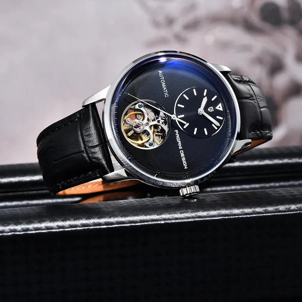 Pagani Design PD-1796 black dial angled view showing domed crystal and polished steel case
