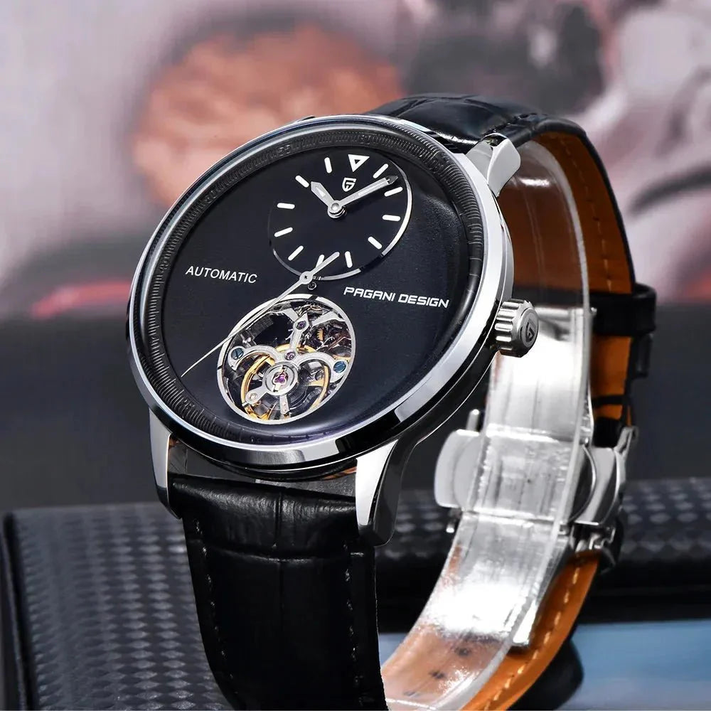Pagani Design PD-1796 black dial on black croc-grain leather strap, three-quarter view