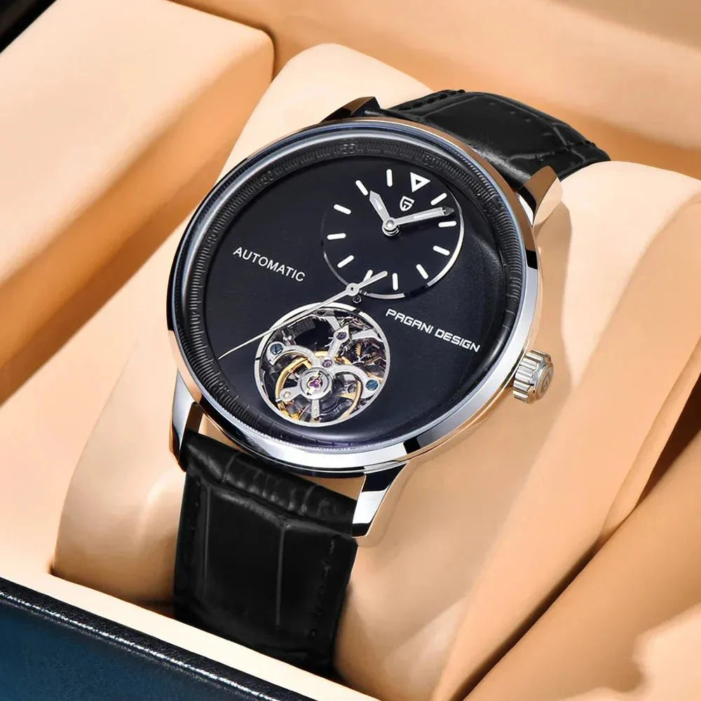Pagani Design PD-1796 steel case, black dial with open tourbillon and small seconds subdial