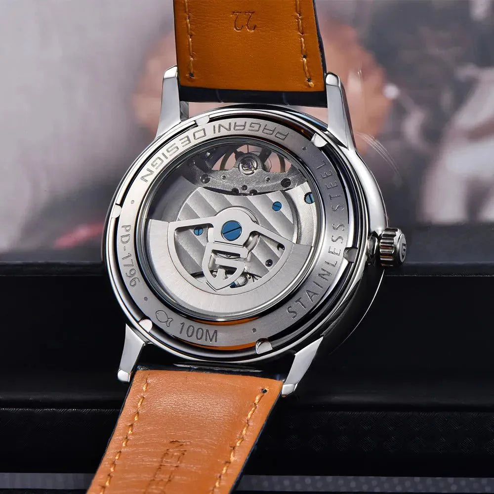 Pagani Design PD-1796 exhibition caseback, engraved model name and 100M water resistance
