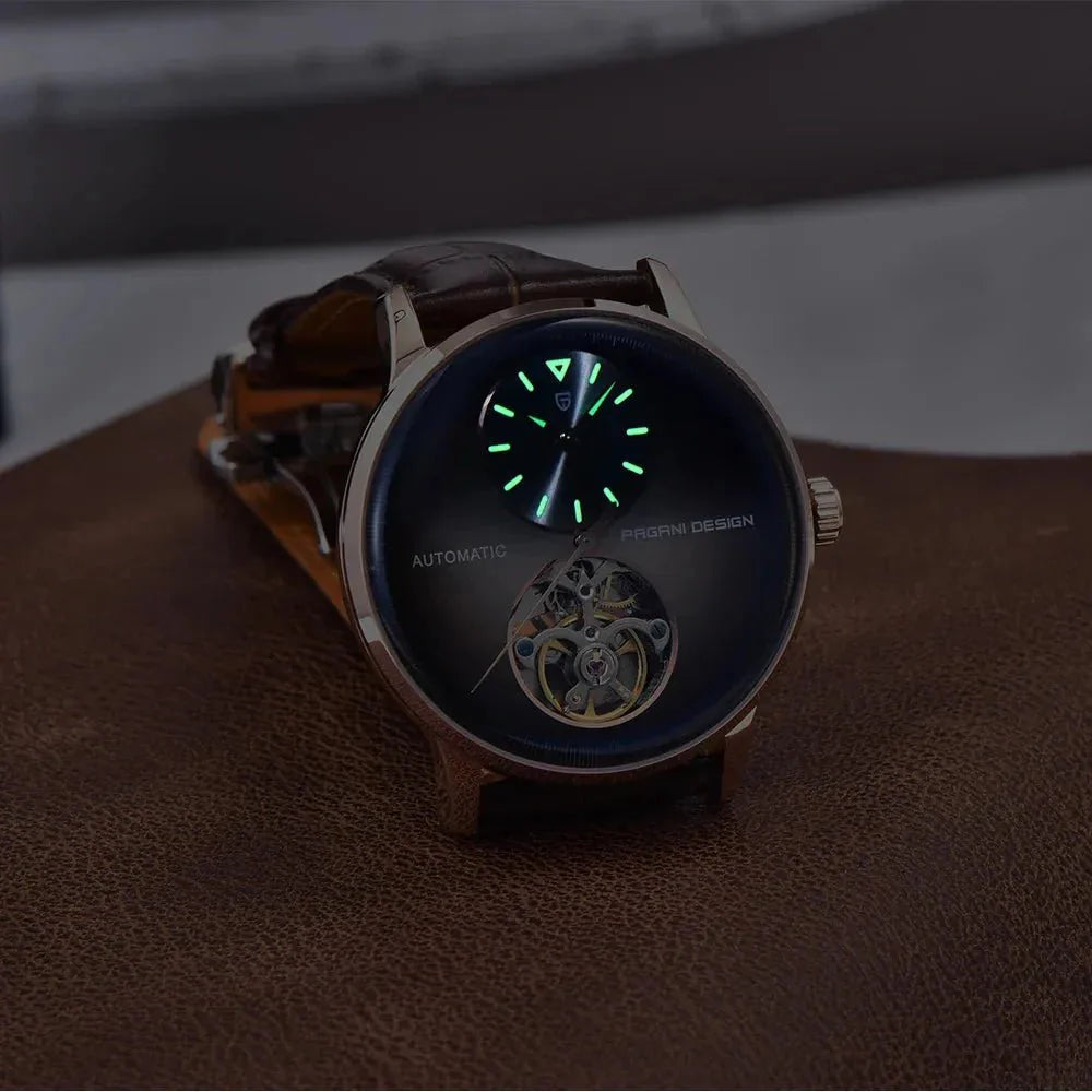 Pagani Design PD-1796 lume shot, green glowing hands and hour markers in the dark
